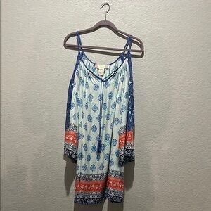 Flying Tomato Blue White Red Patterned Off Shoulder Dress Sz 1X Boho TC0587